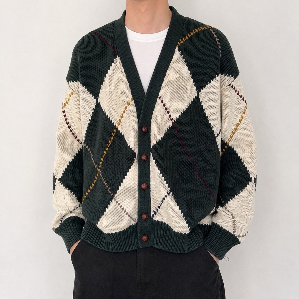 VTG 90s Structure Argyle Cardigan Tag S Actual L/XL Ramie Cotton Grandpa Golf